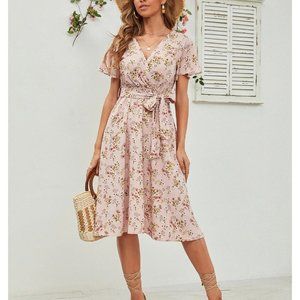 NEW!!!  Floral Print Belted Dress in Pink